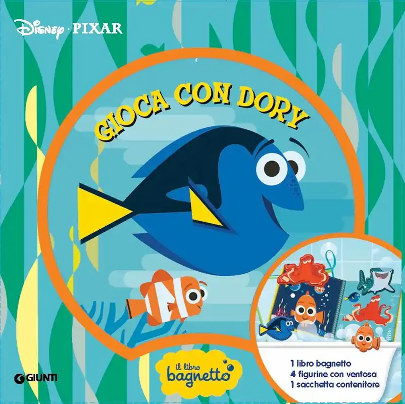 Libro bagnetto Gioca con Dory - Disney/Pixar 1 libro bagnetto, 4 figurine con ventosa, 1 sacchetta contenitore Sconto